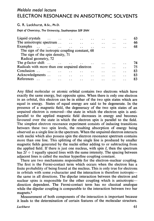 Meldola Medal Lecture. Electron resonance in anisotropic solvents