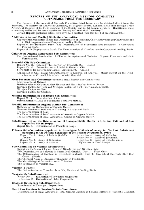 Reports of the Analytical Methods Committee obtainable from the Secretary