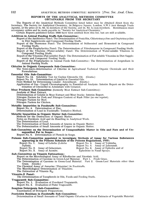 Reports of the Analytical Methods Committee obtainable from the Secretary
