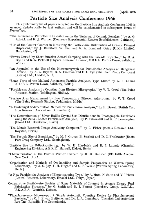 Particle Size Analysis Conference 1966