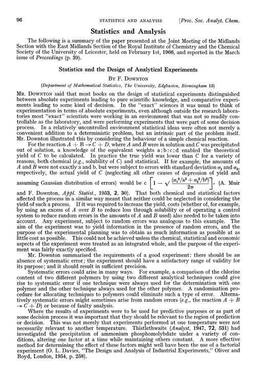 Statistics and analysis. Statistics and the design of analytical experiments