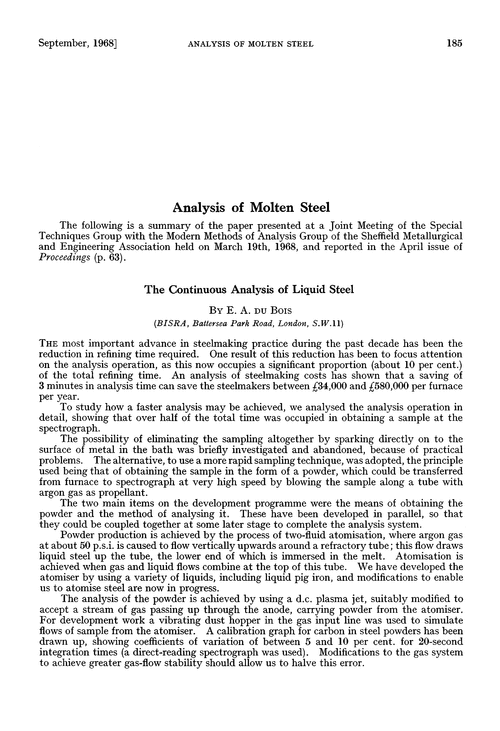 Analysis of molten steel. The continuous analysis of liquid steel