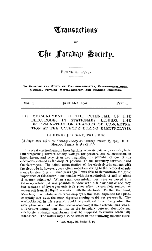 The measurement of the potential of the electrodes in stationary liquids. The determination of changes of concentration at the cathode during electrolysis