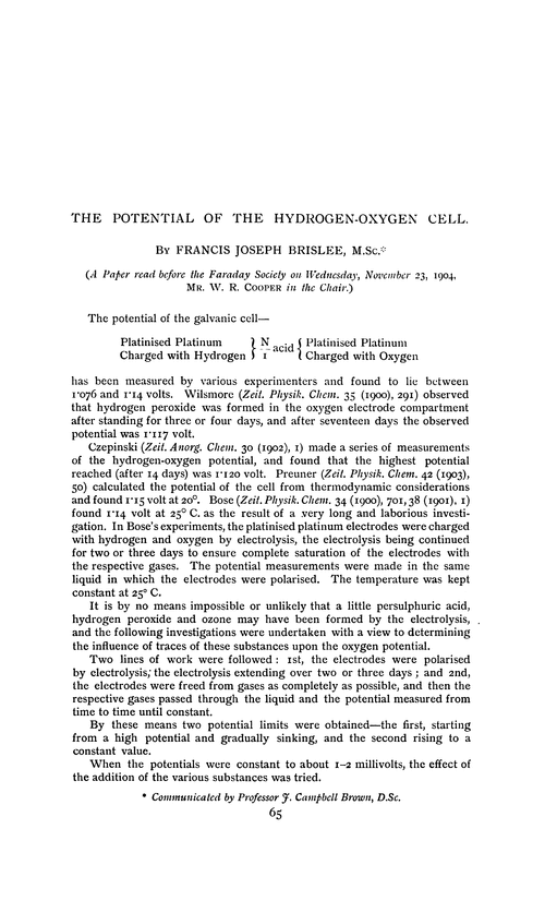 The potential of the hydrogenoxygen cell Transactions of the Faraday