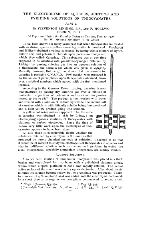 The electrolysis of aqueous, acetone and pyridine solutions of thiocyanates. Part I