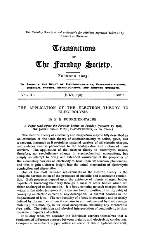The application of the electron theory to electrolysis