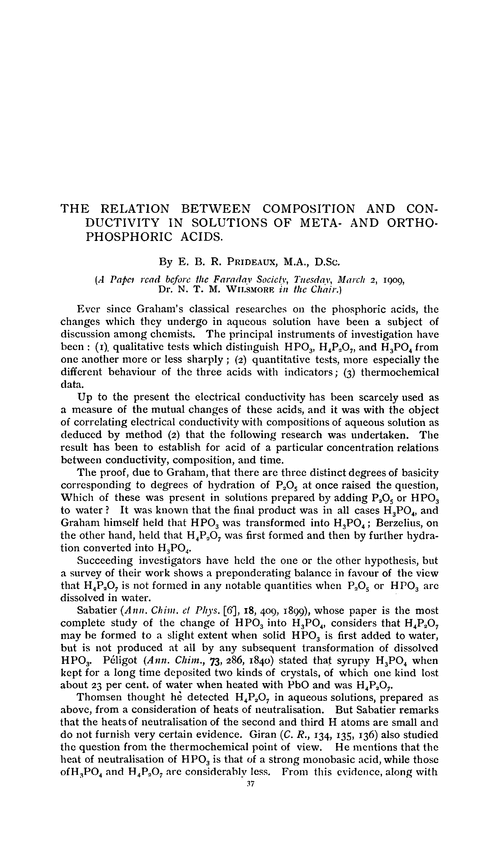 The relation between composition and conductivity in solutions of meta- and ortho- phoshoric acids