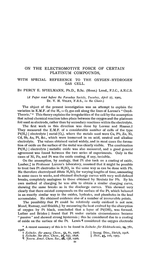 On the electromotive force of certain platinum compounds, with special reference to the oxygen-hydrogen gas cell