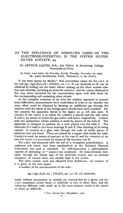 On the influence of dissolved gases on the electrode-potential in the system silver-silver acetate, aq