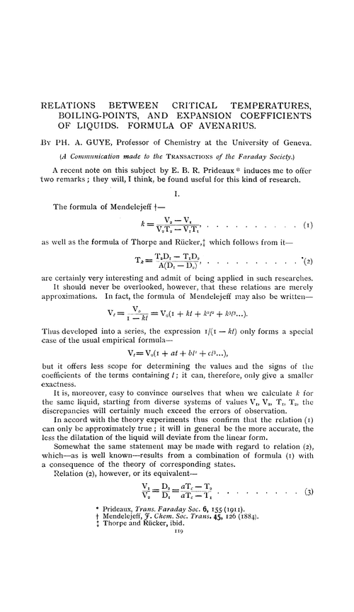 Relations between critical temperatures, boiling-points, and expansion coefficients of liquids. Formula of avenarius