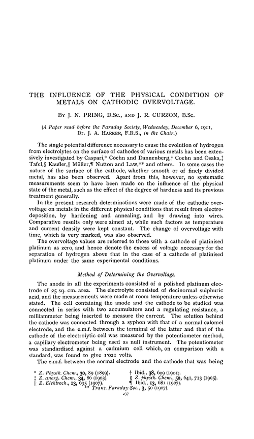 The influence of the physical condition of metals on cathodic overvoltage