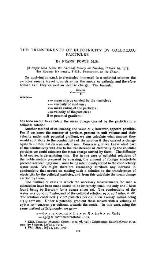The transference of electricity by colloidal particles