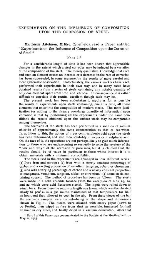 Experiments on the influence of composition upon the corrosion of steel. Part I