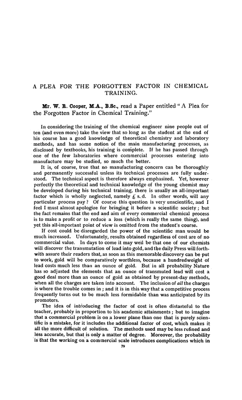 A plea for the forgotten factor in chemical training
