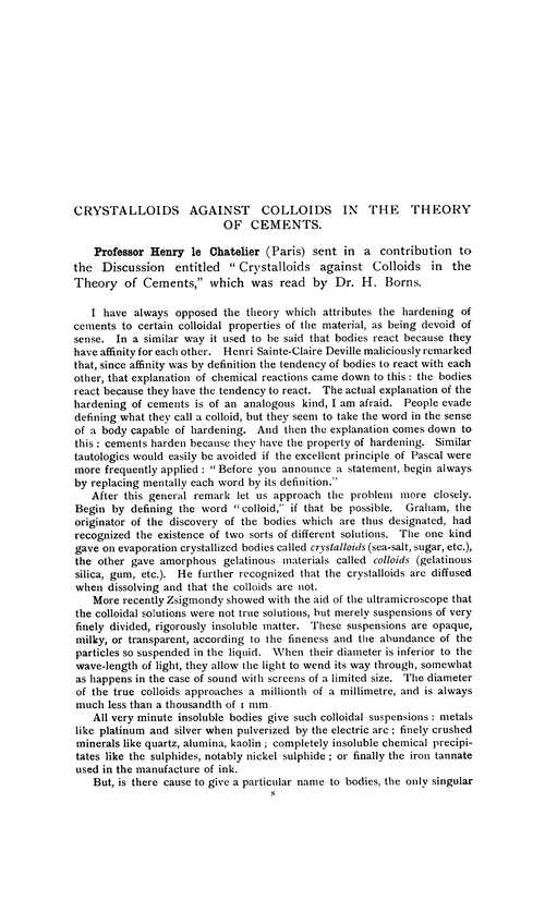 Crystalloids against colloids in the theory of cements