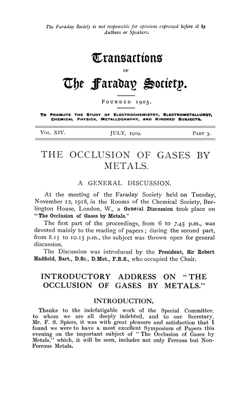 The occlusion of gases by metals. A general discussion. Introductory address