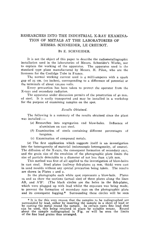 Researches into the industrial X-ray examination of metals at the laboratories of Messrs. Schneider, Le Creusot