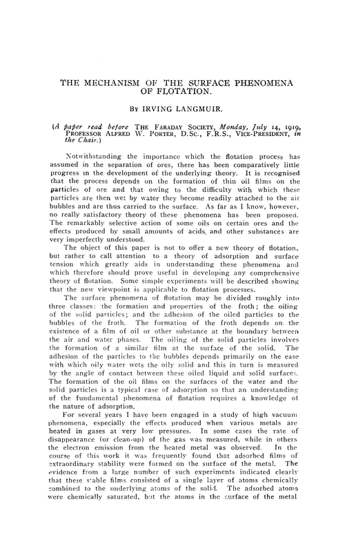 The mechanism of the surface phenomena of flotation