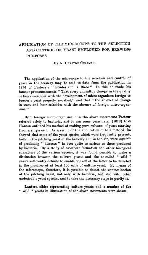 Application of the microscope to the selection and control of yeast employed for brewing purposes
