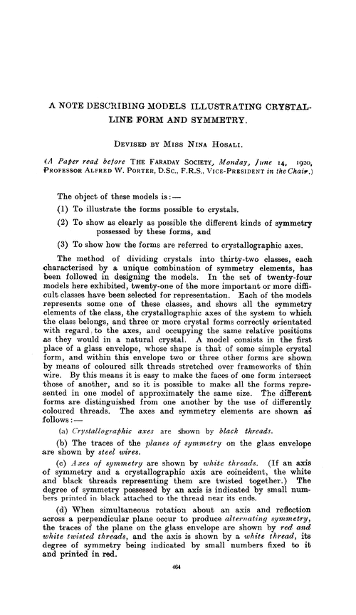 A note describing models illustrating crystal-line form and symmetry