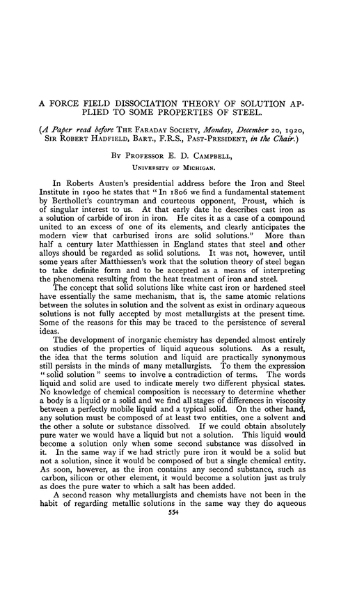 A force field dissociation theory of solution applied to some properties of steel