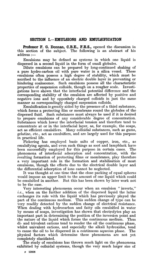 Section I.—Emulsions and emulsification