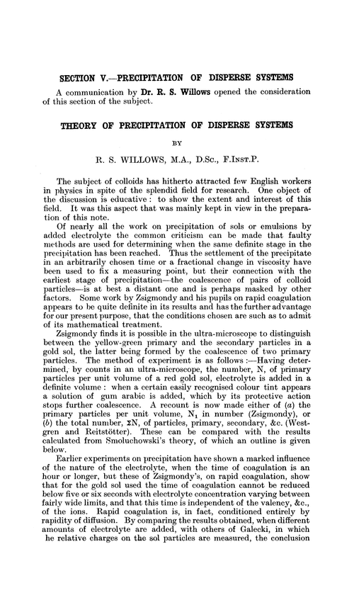 Section V.—Precipitation of disperse systems. Theory of precipitation of disperse systems