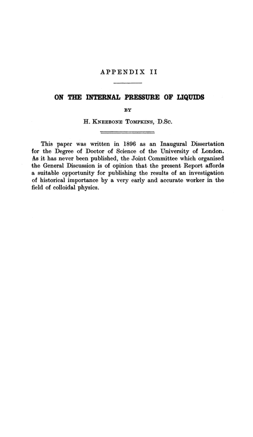 Appendix II. On the internal pressure of liquids