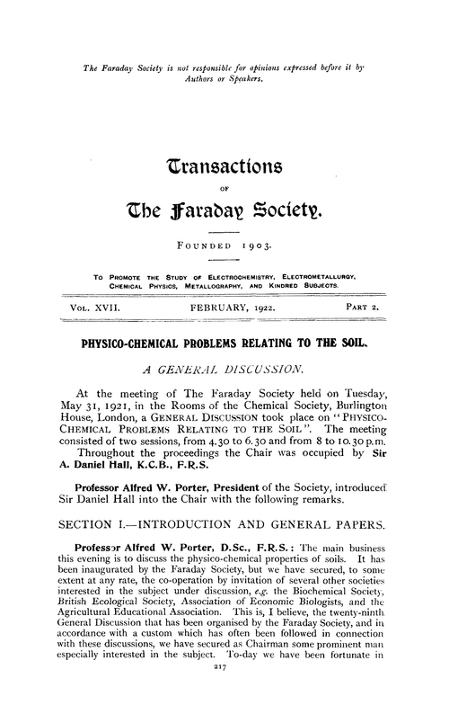 Physico-chemical problems relating to the soil. A general discussion