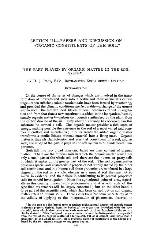 Section III.—Papers and discussion on “organic constituents of the soil”. The part played by organic matter in the soil system