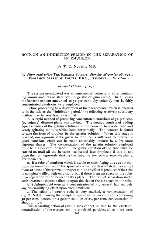 Note on an inhibition period in the separation of an emulsion