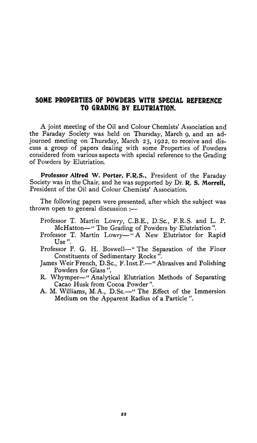 Some properties of powders with special reference to grading by elutriation