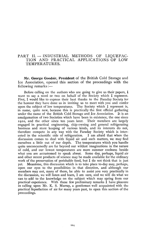 Part II.—Industrial methods of liquefaction and practical applications of low temperatures