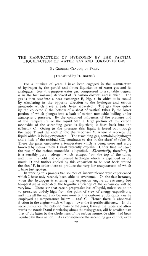 The manufacture of hydrogen by the partial liquefaction of water gas and coke-oven gas