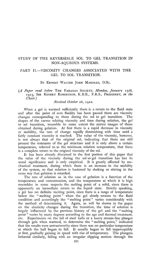 Study of the reversible sol to gel transition in non-aqueous systems. Part II.—Viscosity changes associated with the gel to sol transition