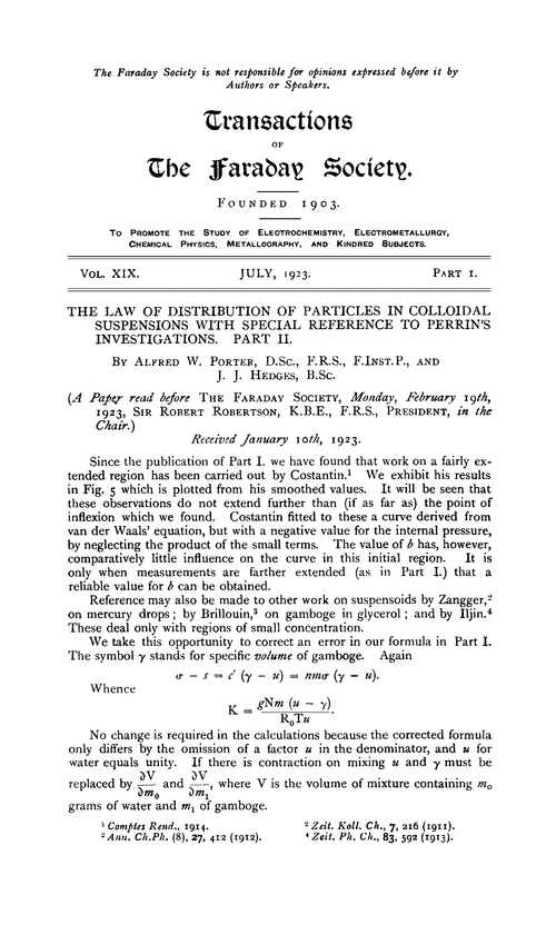 The law of distribution of particles in colloidal suspensions with special reference to Perrin's investigations. Part II