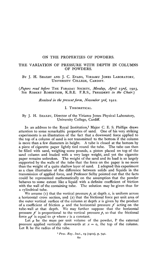 On the properties of powders. The variation of pressure with depth in columns of powders