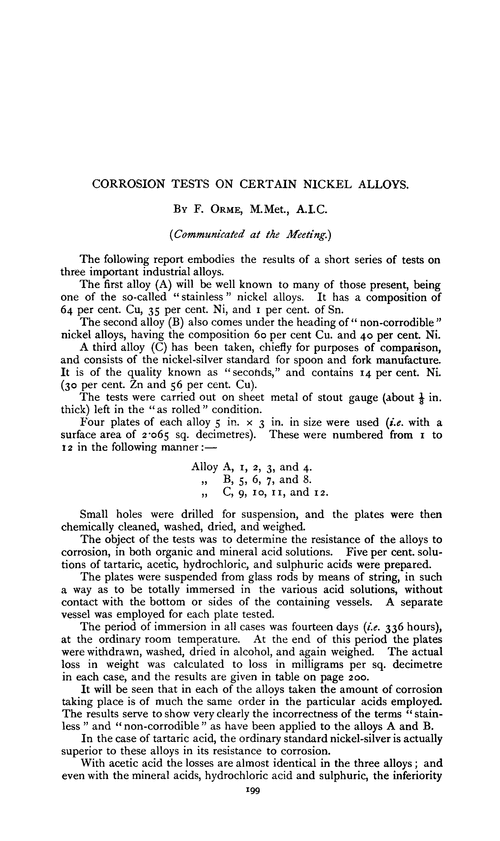Corrosion tests on certain nickel alloys