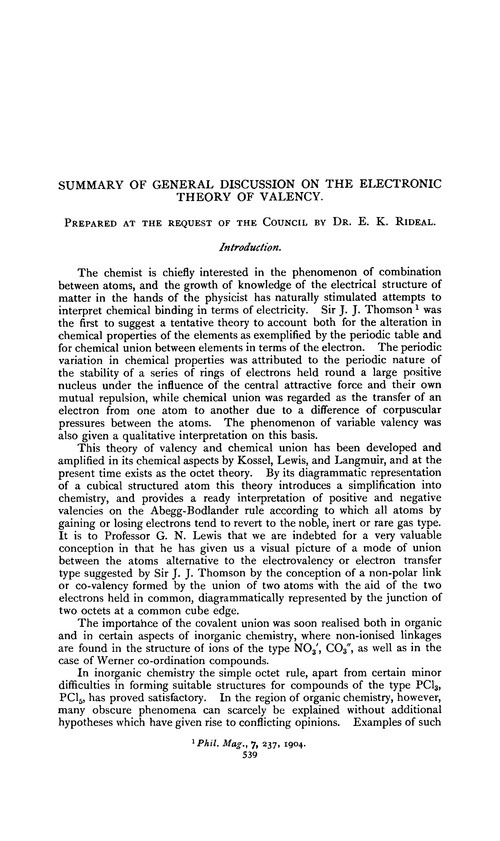 Summary of general discussion on the electronic theory of valency
