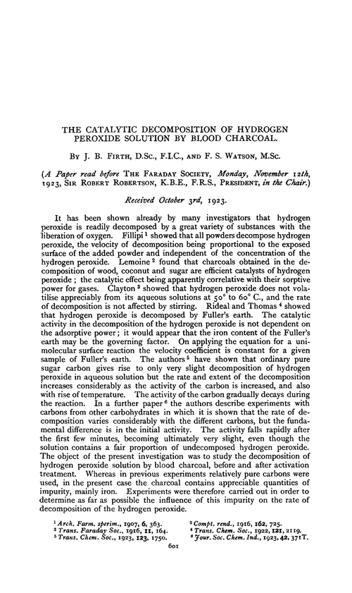 The catalytic decomposition of hydrogen peroxide solution by blood charcoal