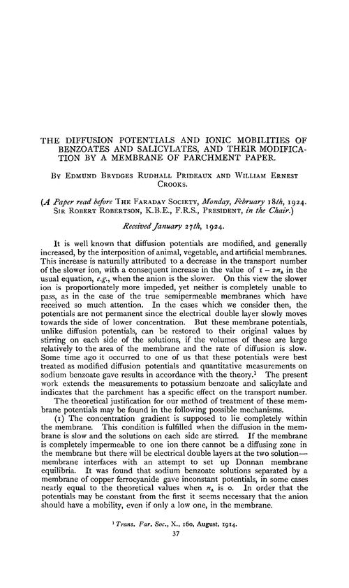 The diffusion potentials and ionic mobilities of benzoates and salicylates, and their modification by a membrane of parchment paper