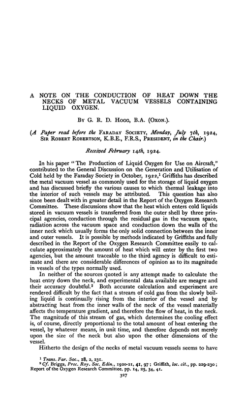 A note on the conduction of heat down the necks of metal vacuum vessels containing liquid oxygen