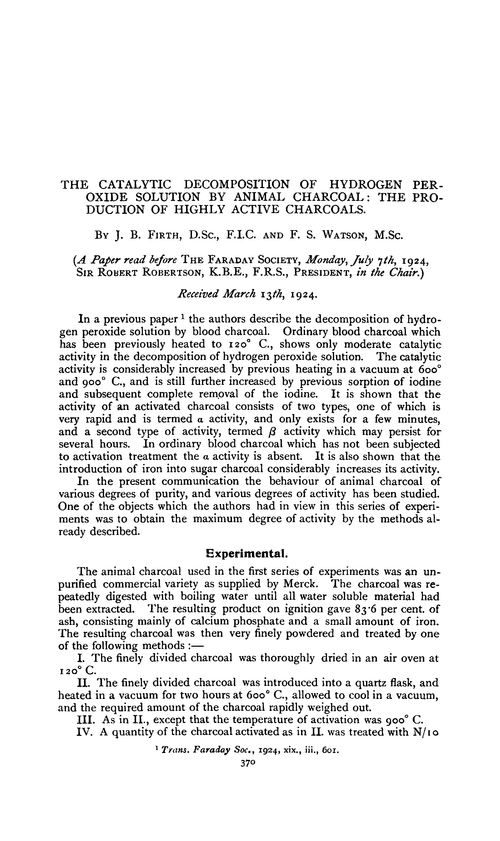 The catalytic decomposition of hydrogen peroxide solution by animal charcoal: the production of highly active charcoals