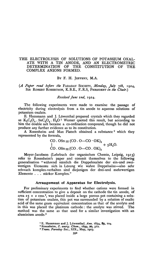 The electrolysis of solutions of potassium oxalate with a tin anode, and an electrometric complex anions formed