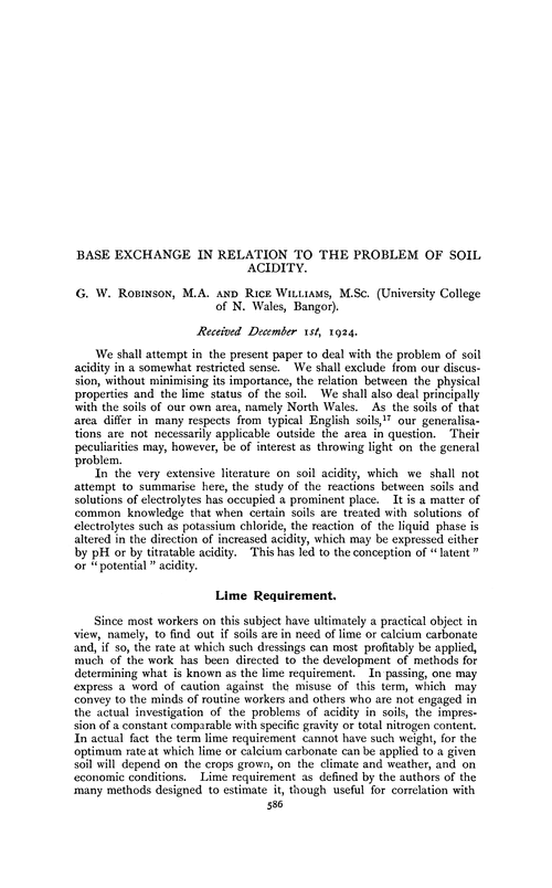 Base exchange in relation to the problem of soil acidity