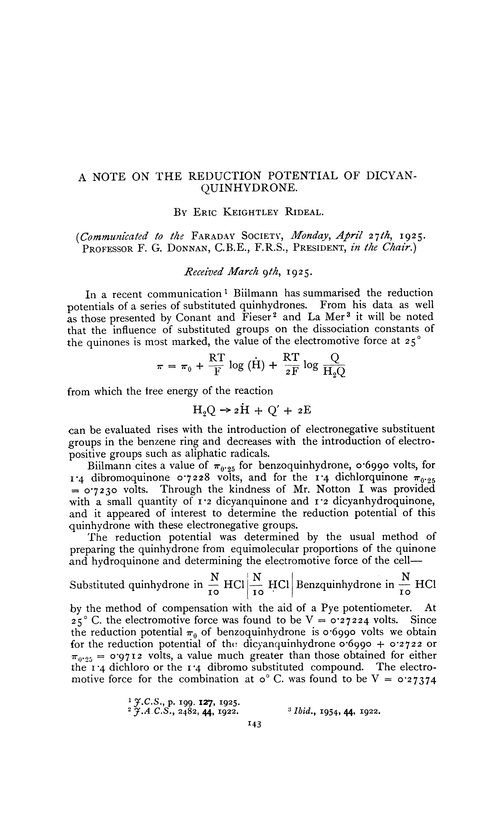 A Note On The Reduction Potential Of Dicyan Quinhydrone