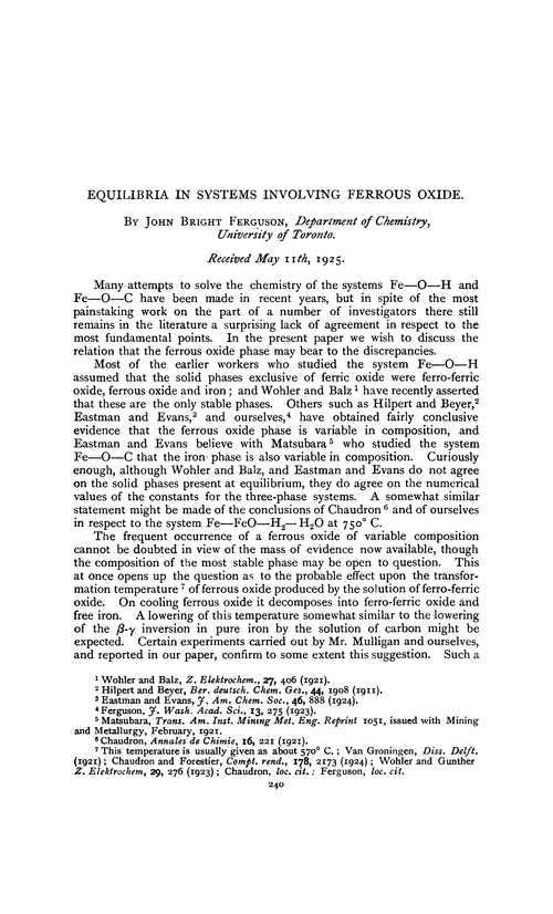 Equilibria in systems involving ferrous oxide