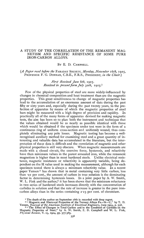 A study of the correlation of the remanent magnetism and specific resistance of some pure iron-carbon alloys