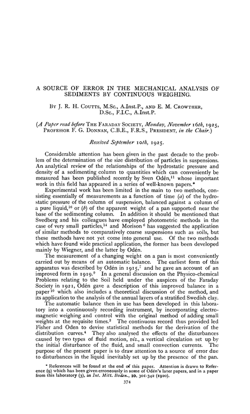 A source of error in the mechanical analysis of sediments by continuous weighing
