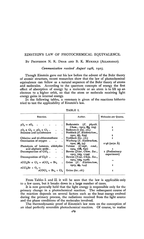 Einstein's law of photochemical equivalence